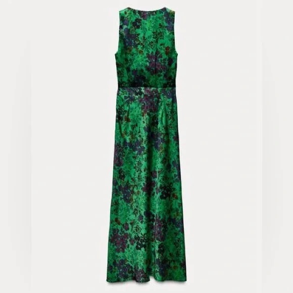 Zara Green and Purple Floral Print Satin Effect Dress with Cut Out Maxi Dress - Picture 6 of 15
